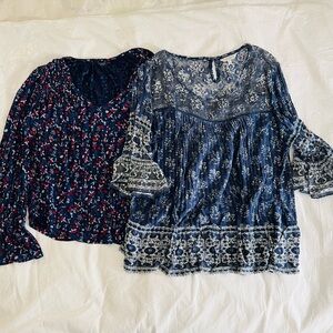 Womens Lot of 2 Lucky Brand Bell Sleeve Tops Hippie Boho Coastal Chic SZ Large
